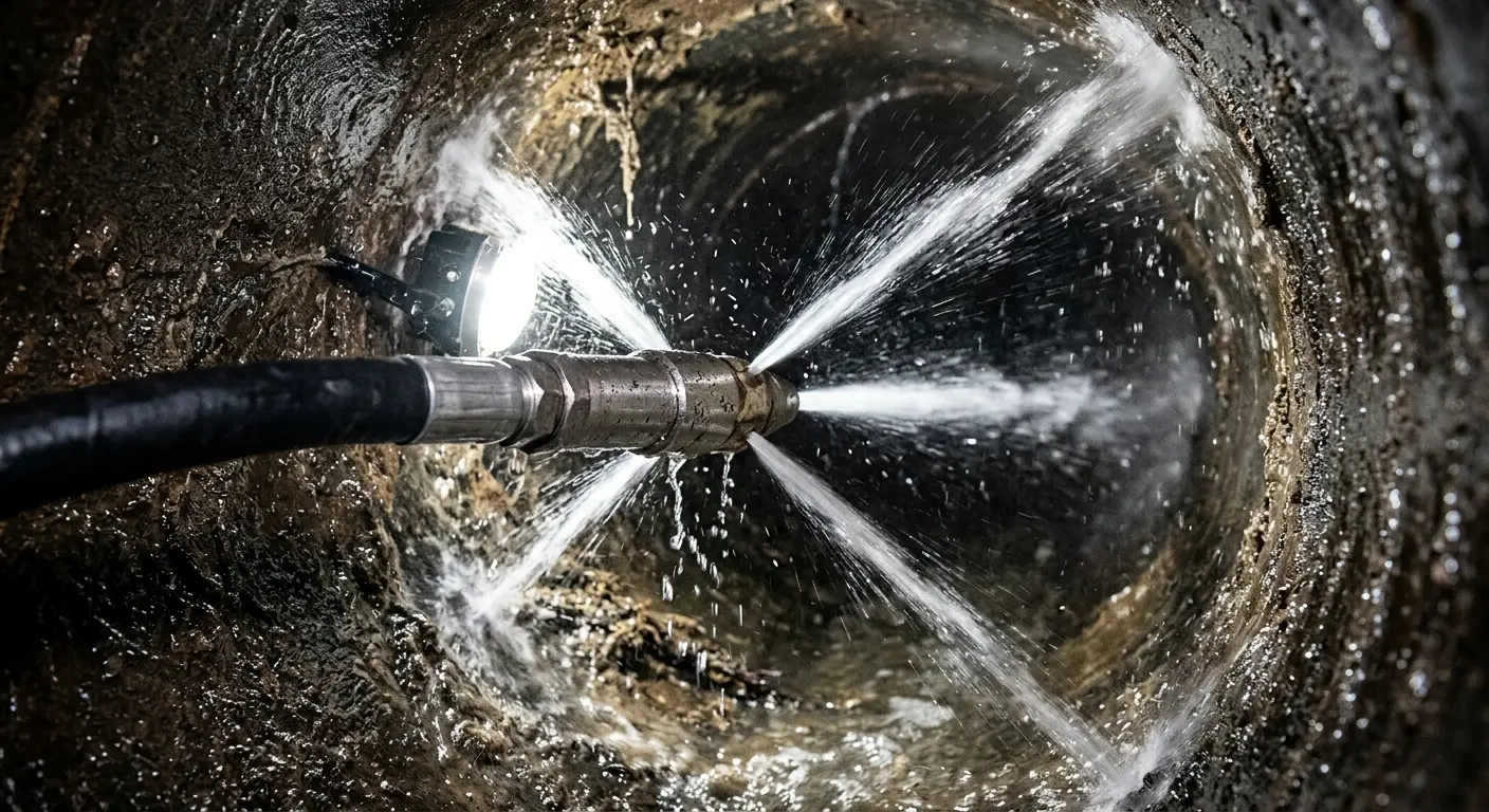 High-pressure hydro jetting nozzle cleaning sewer pipe for Sewer Cleanout in Plumstead