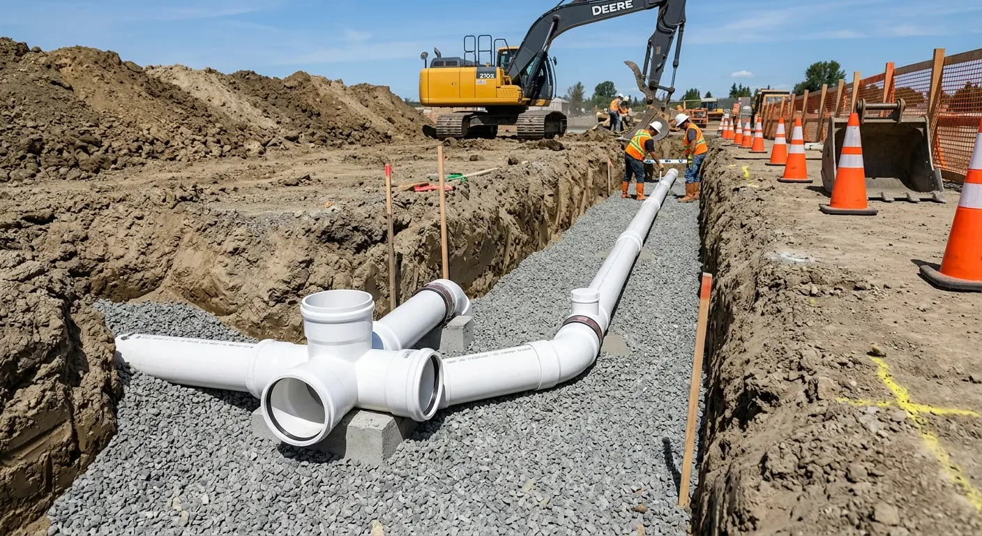 New PVC sewer pipe installation in open trench for Sewer Backup in Plumstead