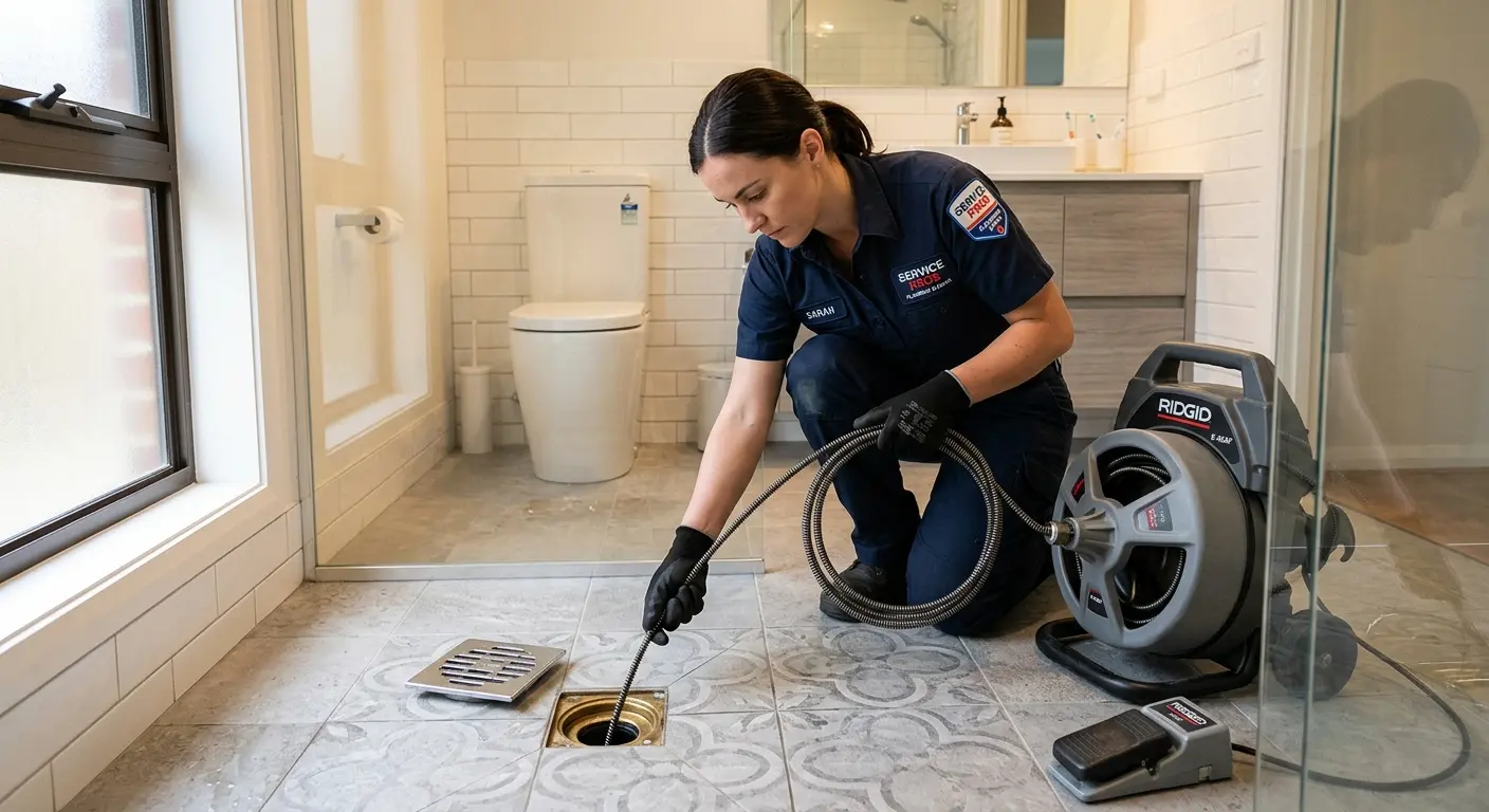 Technician clearing a bathroom floor drain for Drain Cleaning in Plumstead